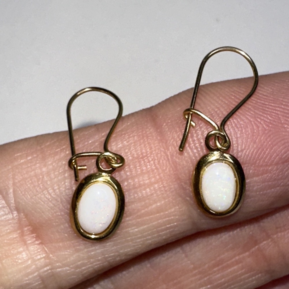 Fire Opal Dangle Hook Earrings Gold Oval Daity Unmarked View 2